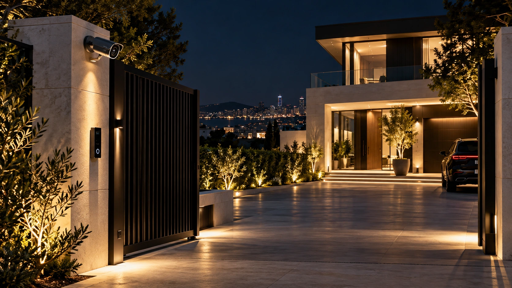 Acceso de residencia de noche con cámara, videoportero e iluminación exterior